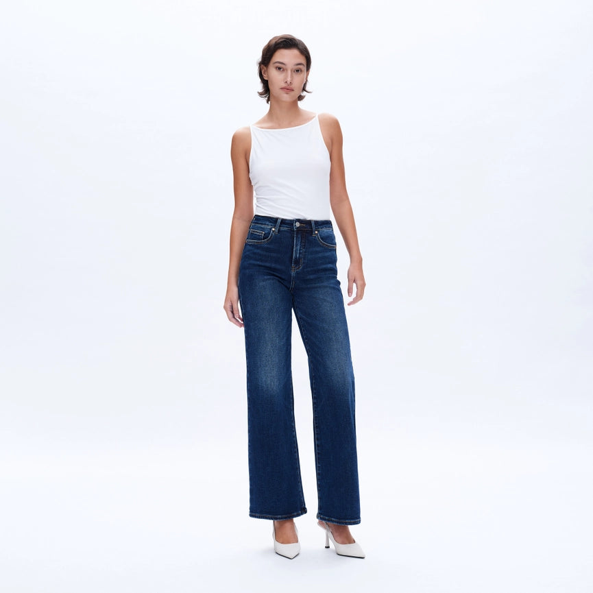 High Rise Wide Leg Jeans with Finished Hem DEEP SEA-Jeans-BAYEAS-24-DEEP SEA-Urbanheer