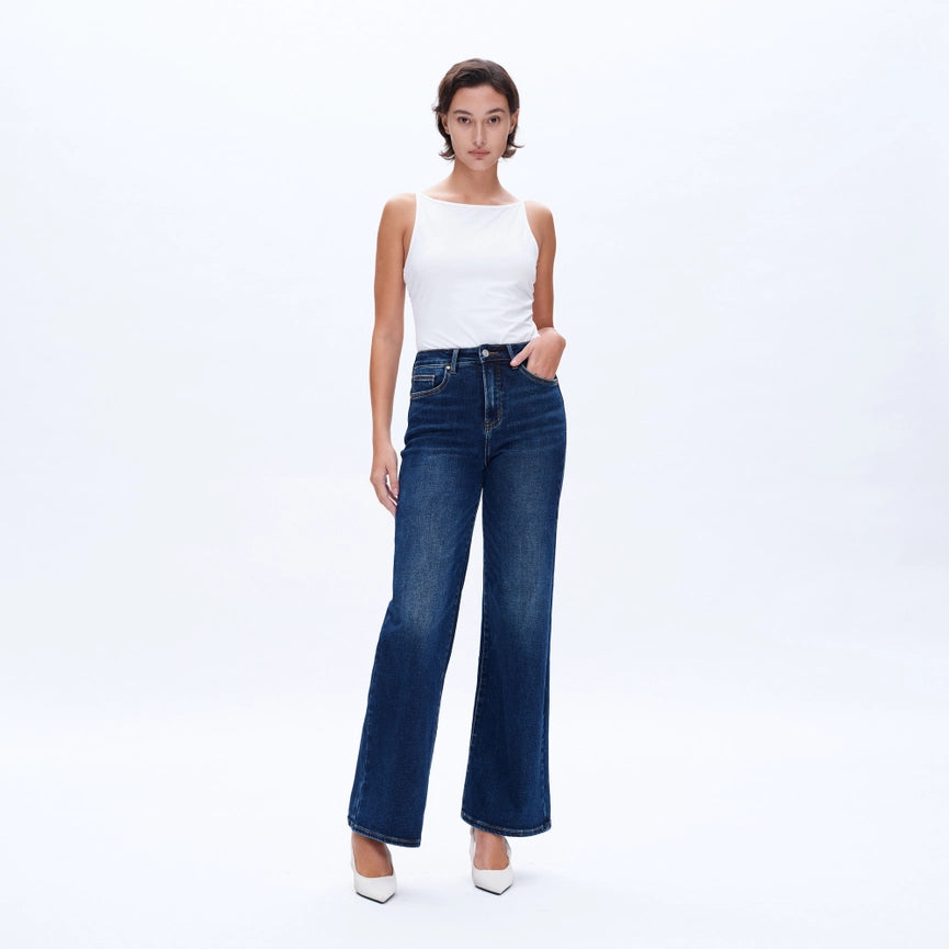 High Rise Wide Leg Jeans with Finished Hem DEEP SEA-Jeans-BAYEAS-24-DEEP SEA-Urbanheer