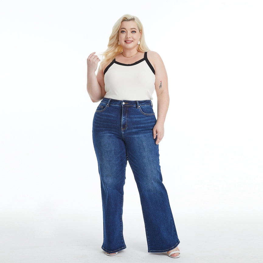 High Rise Wide Leg Jeans with Finished Hem DEEP SEA-Jeans-BAYEAS-14W-DEEP SEA-Urbanheer