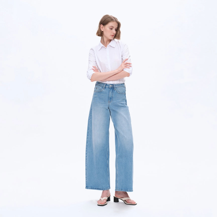 High Rise Wide Leg Jeans with Finished Hem LIGHT BLUE-Jeans-BAYEAS-24-LIGHT BLUE-Urbanheer