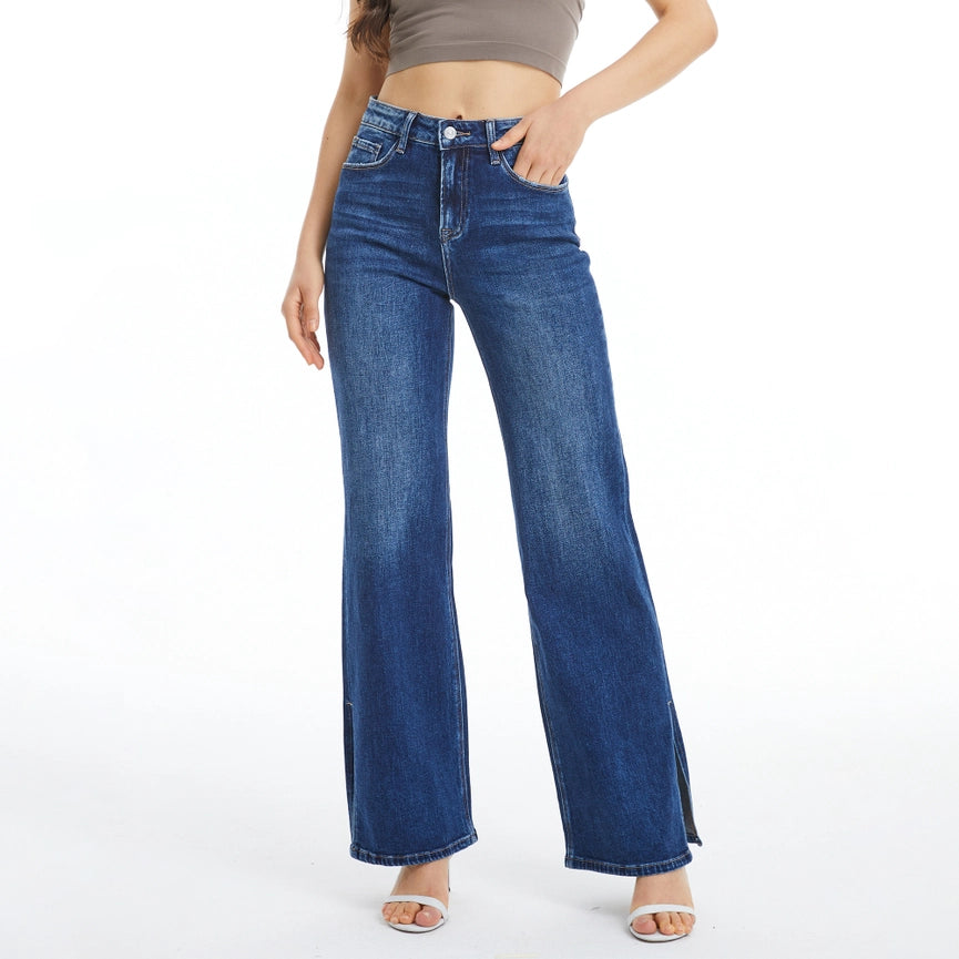 High Rise Wide Leg Jeans with Finished Hem(Slit) DARK BLUE-Jeans-BAYEAS-24-DARK BLUE-Urbanheer