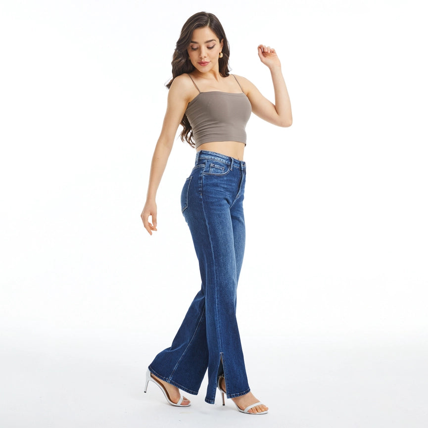 High Rise Wide Leg Jeans with Finished Hem(Slit) DARK BLUE-Jeans-BAYEAS-24-DARK BLUE-Urbanheer