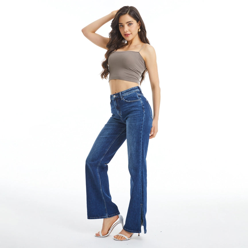 High Rise Wide Leg Jeans with Finished Hem(Slit) DARK BLUE-Jeans-BAYEAS-24-DARK BLUE-Urbanheer
