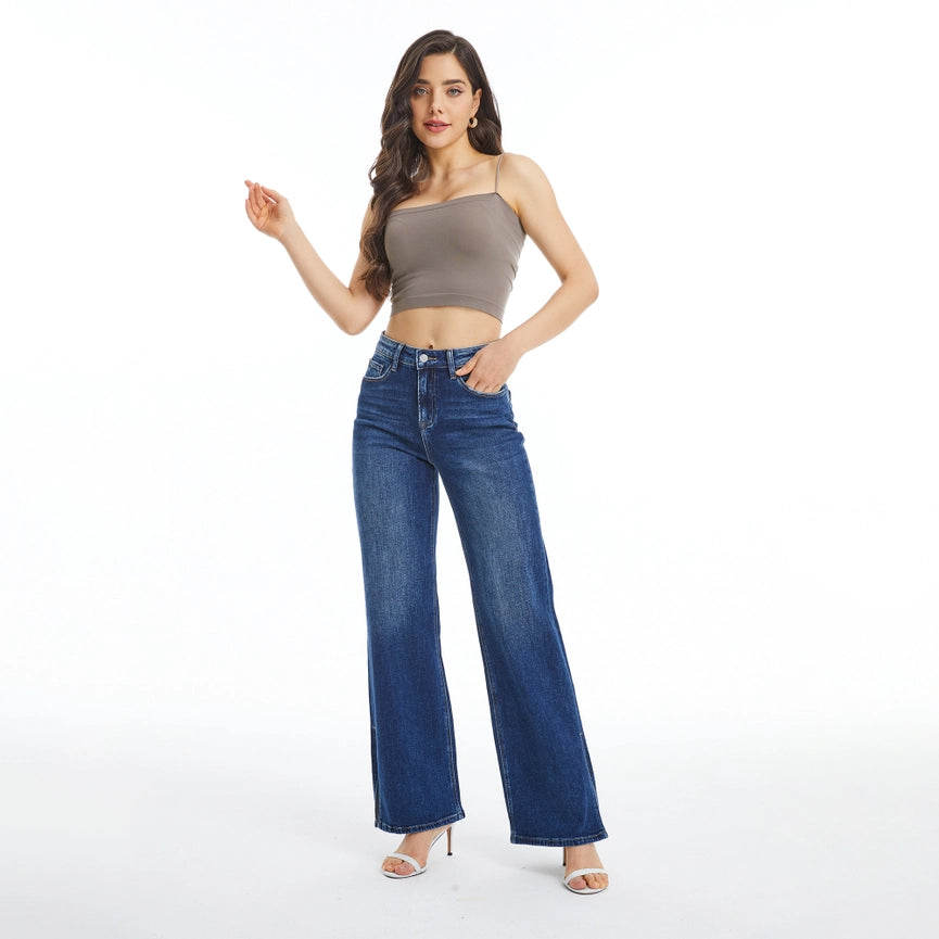 High Rise Wide Leg Jeans with Finished Hem(Slit) DARK BLUE-Jeans-BAYEAS-24-DARK BLUE-Urbanheer