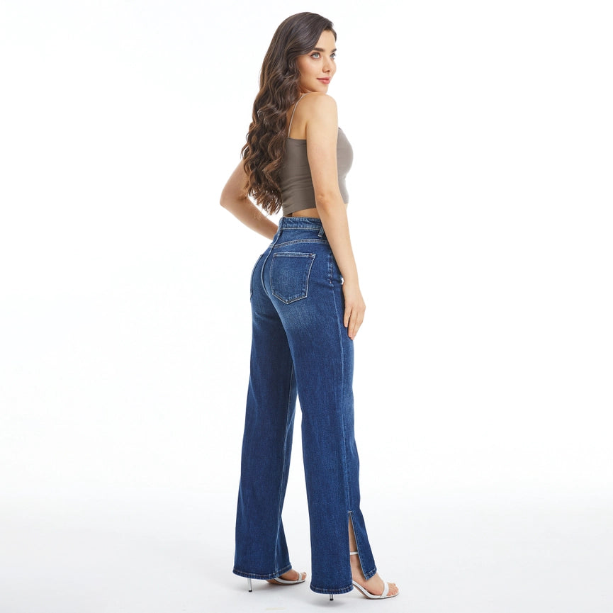 High Rise Wide Leg Jeans with Finished Hem(Slit) DARK BLUE-Jeans-BAYEAS-24-DARK BLUE-Urbanheer