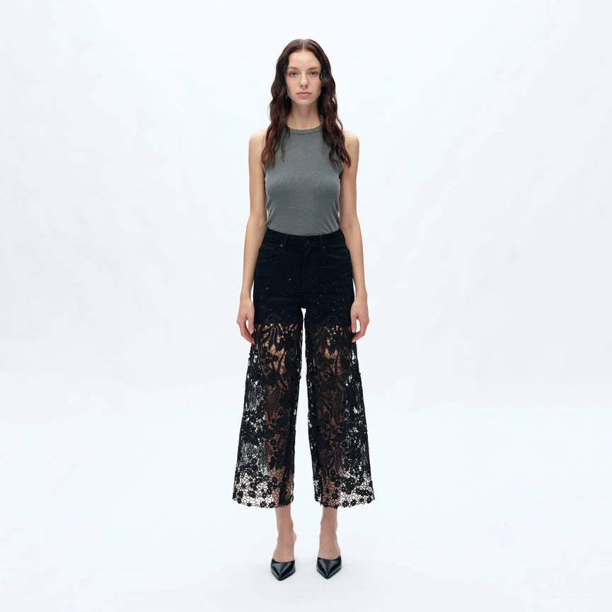High Rise Wide Leg Jeans with Lace Spliced BLACK-Jeans-BAYEAS-24-BLACK-Urbanheer