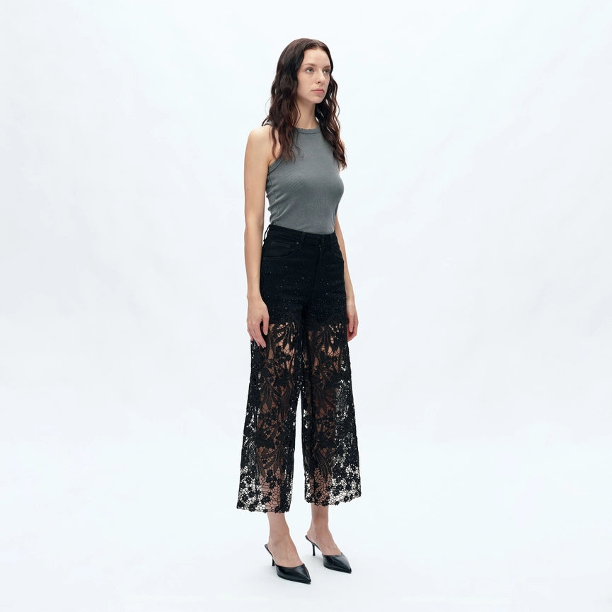 High Rise Wide Leg Jeans with Lace Spliced BLACK-Jeans-BAYEAS-24-BLACK-Urbanheer