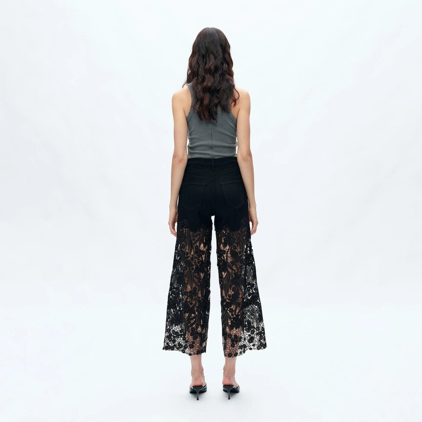 High Rise Wide Leg Jeans with Lace Spliced BLACK-Jeans-BAYEAS-24-BLACK-Urbanheer