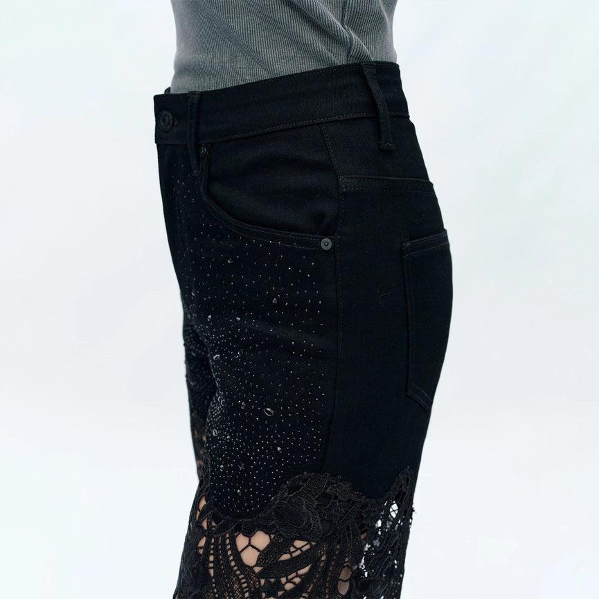 High Rise Wide Leg Jeans with Lace Spliced BLACK-Jeans-BAYEAS-24-BLACK-Urbanheer