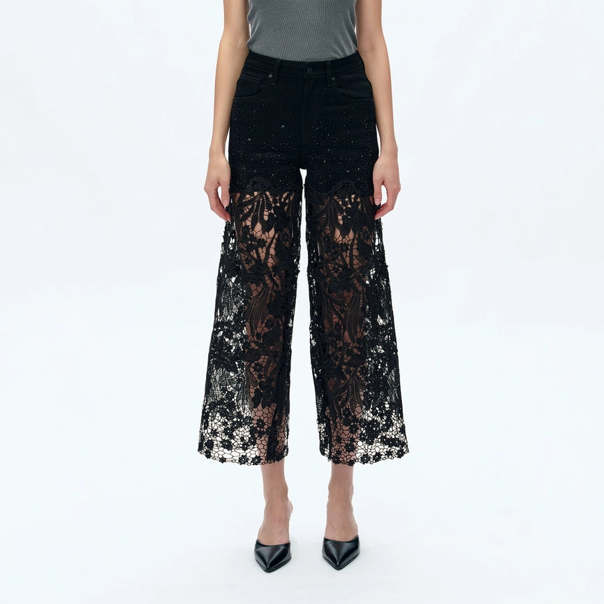High Rise Wide Leg Jeans with Lace Spliced BLACK-Jeans-BAYEAS-24-BLACK-Urbanheer