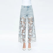 High Rise Wide Leg Jeans with Lace Spliced LESLEY BLUE-Jeans-BAYEAS-24-LESLEY BLUE-Urbanheer