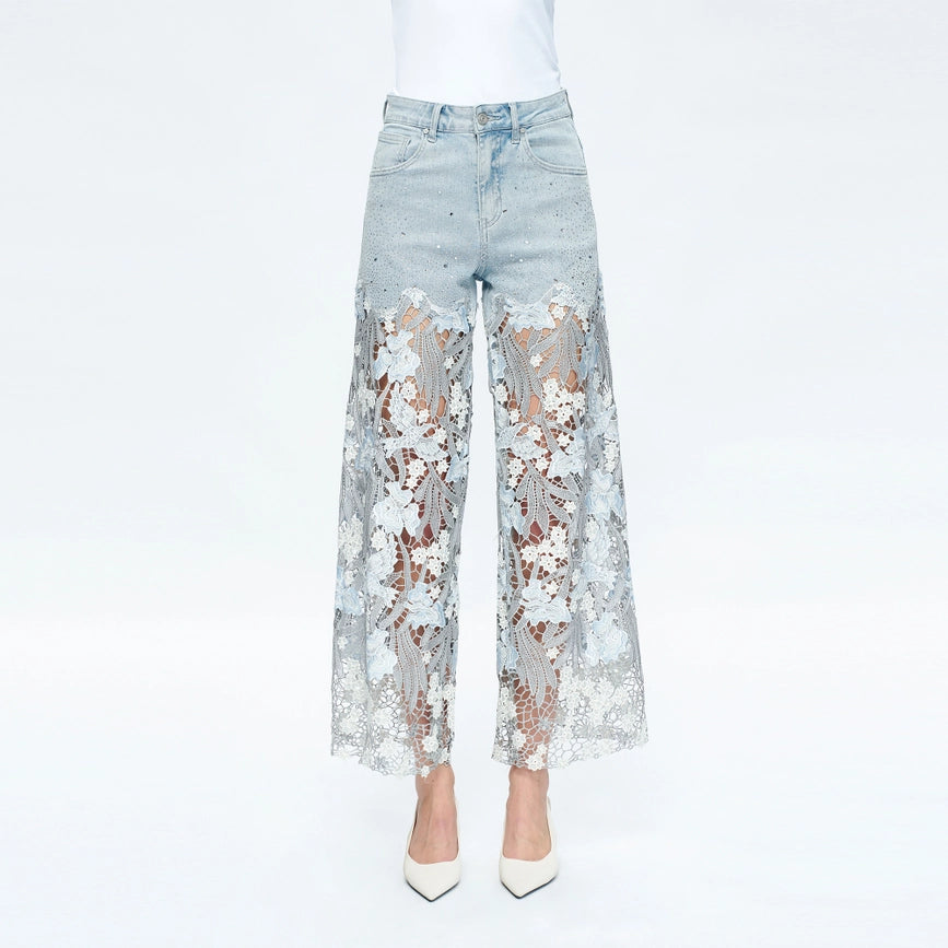 High Rise Wide Leg Jeans with Lace Spliced LESLEY BLUE-Jeans-BAYEAS-24-LESLEY BLUE-Urbanheer
