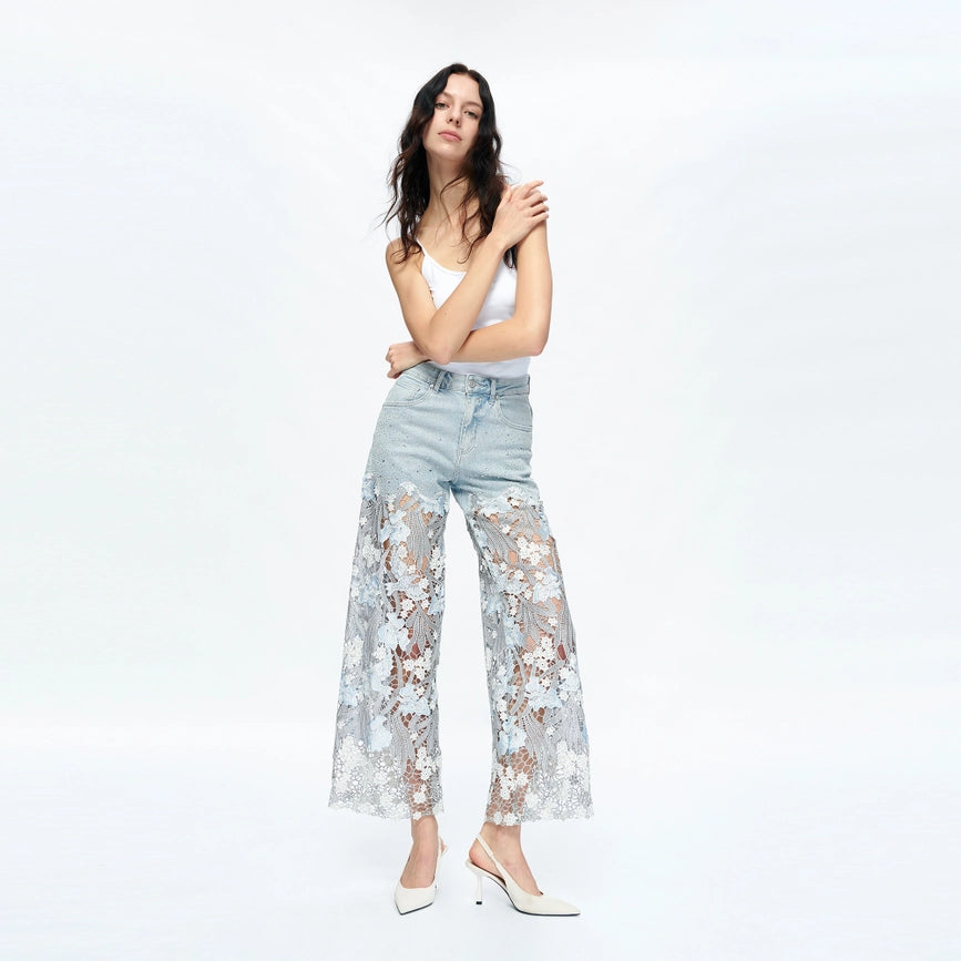 High Rise Wide Leg Jeans with Lace Spliced LESLEY BLUE-Jeans-BAYEAS-26-LESLEY BLUE-Urbanheer