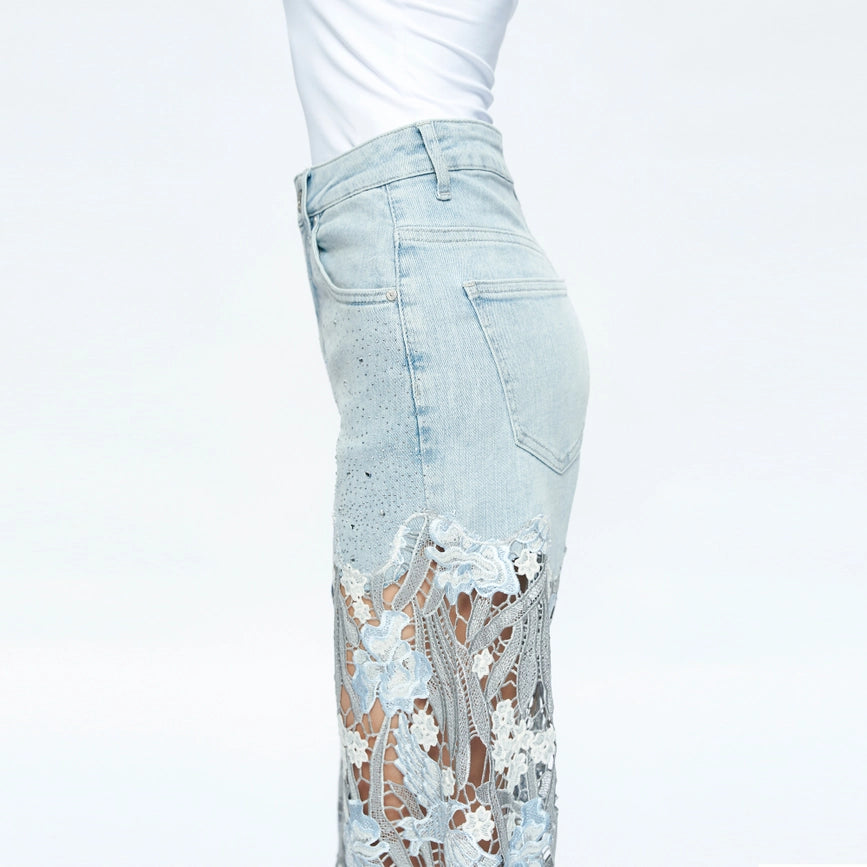 High Rise Wide Leg Jeans with Lace Spliced LESLEY BLUE-Jeans-BAYEAS-24-LESLEY BLUE-Urbanheer