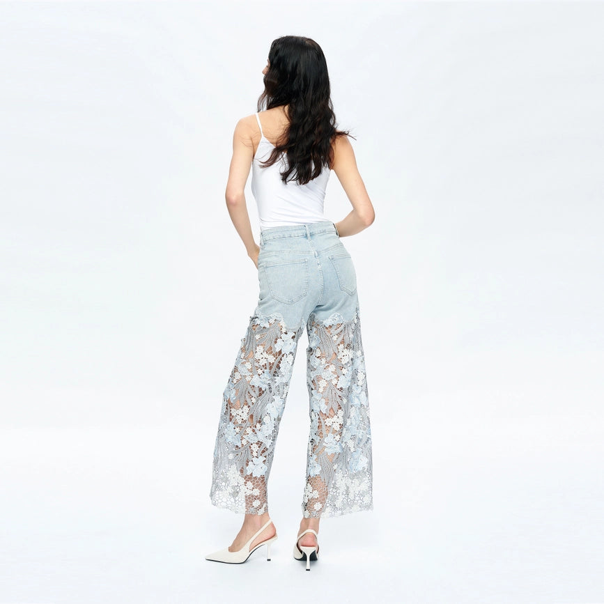 High Rise Wide Leg Jeans with Lace Spliced LESLEY BLUE-Jeans-BAYEAS-24-LESLEY BLUE-Urbanheer