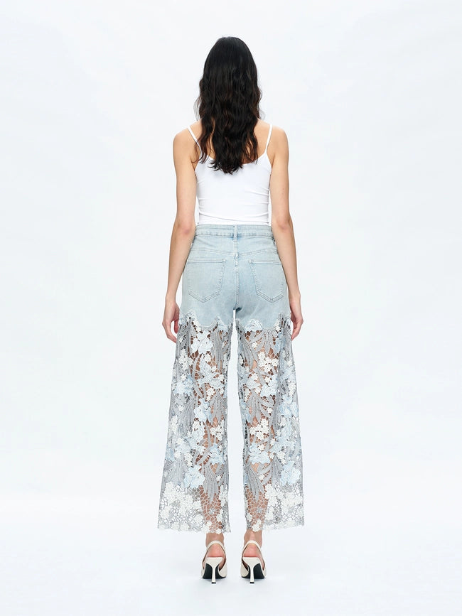 High Rise Wide Leg Jeans with Lace Spliced LESLEY BLUE-Jeans-BAYEAS-24-LESLEY BLUE-Urbanheer