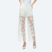 High Rise Wide Leg Jeans with Lace Spliced WHITE-Jeans-BAYEAS-24-WHITE-Urbanheer