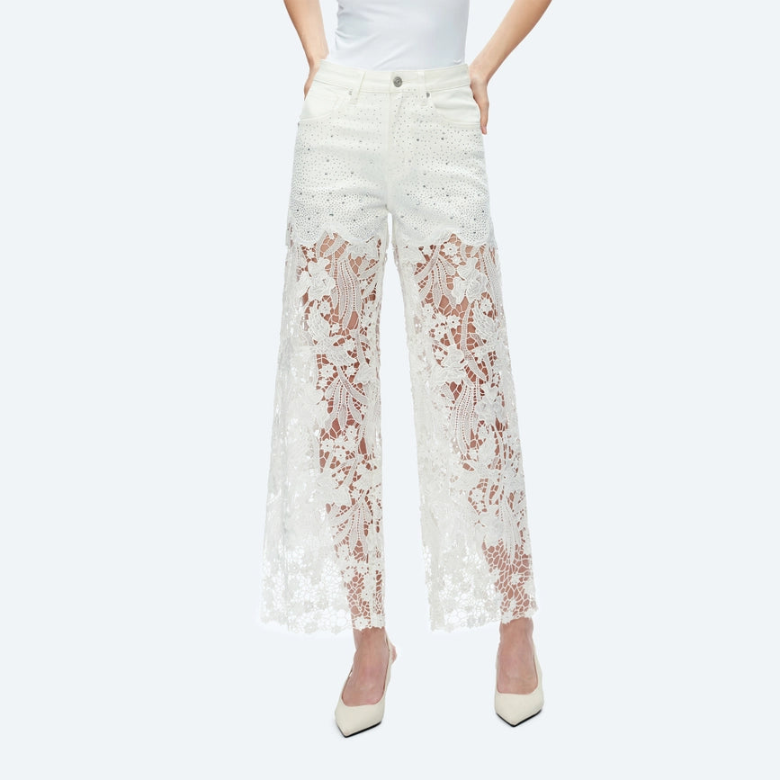 High Rise Wide Leg Jeans with Lace Spliced WHITE-Jeans-BAYEAS-24-WHITE-Urbanheer