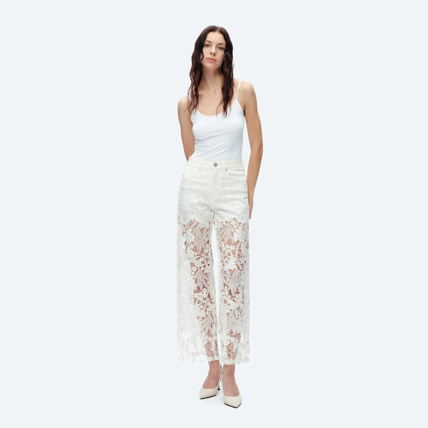 High Rise Wide Leg Jeans with Lace Spliced WHITE-Jeans-BAYEAS-24-WHITE-Urbanheer