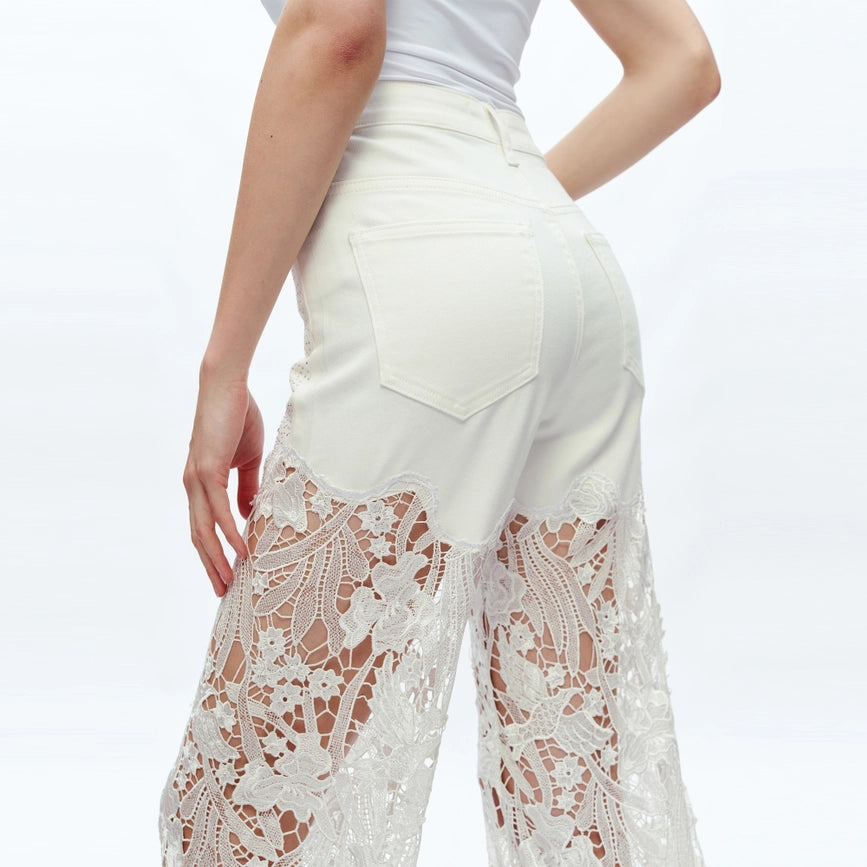 High Rise Wide Leg Jeans with Lace Spliced WHITE-Jeans-BAYEAS-24-WHITE-Urbanheer