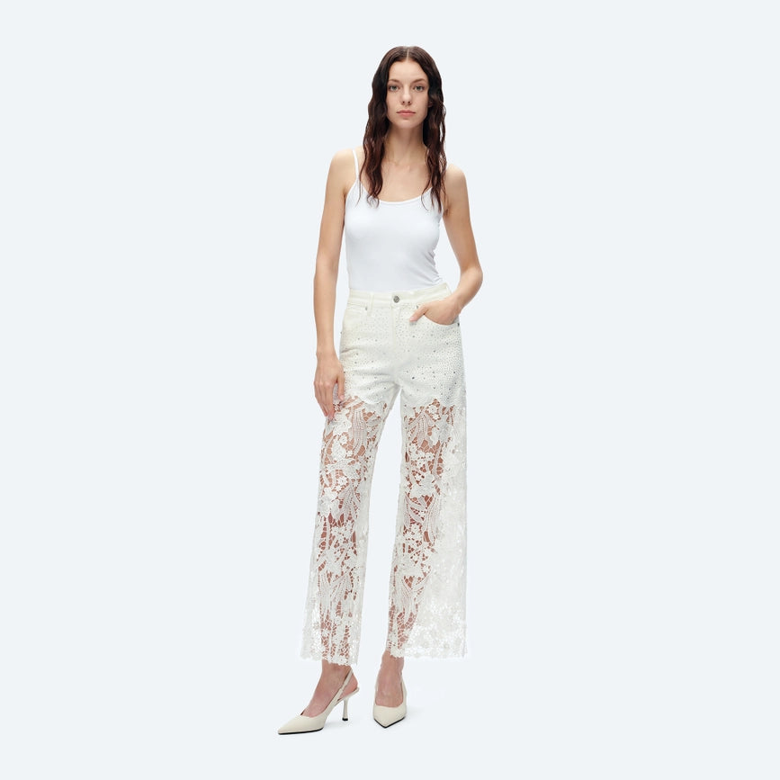 High Rise Wide Leg Jeans with Lace Spliced WHITE-Jeans-BAYEAS-24-WHITE-Urbanheer