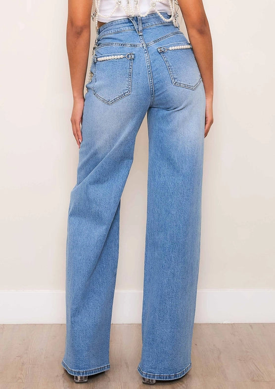 High-Rise Wide Leg Jeans with Pearl String-Jeans-Vibrant M.i.U-1-Medium Stone-Urbanheer