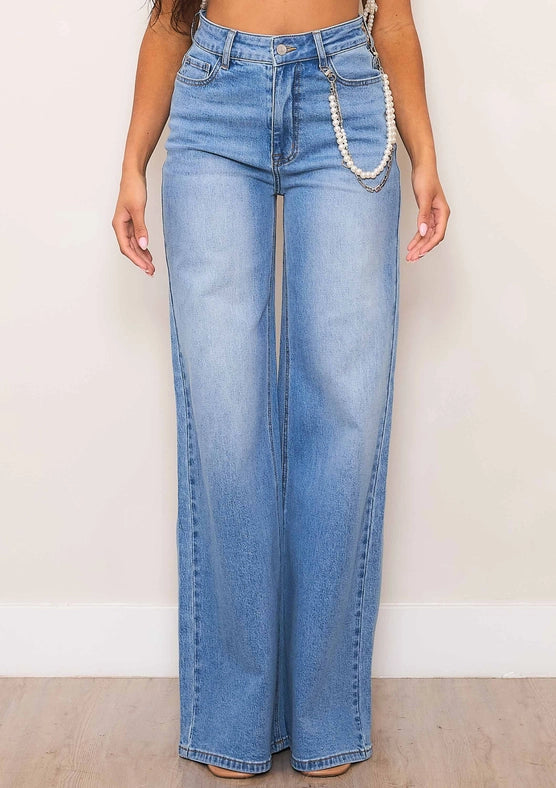 High-Rise Wide Leg Jeans with Pearl String-Jeans-Vibrant M.i.U-1-Medium Stone-Urbanheer