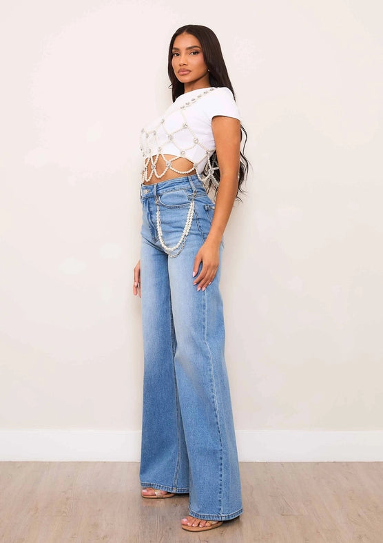 High-Rise Wide Leg Jeans with Pearl String-Jeans-Vibrant M.i.U-1-Medium Stone-Urbanheer