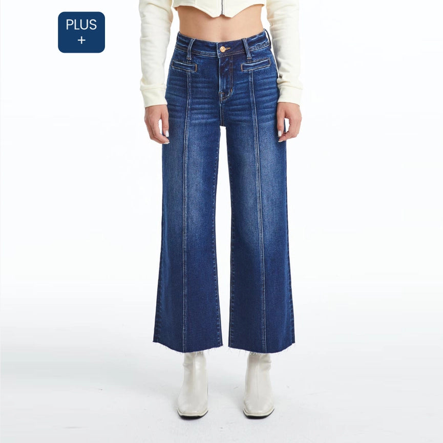 High Rise Wide Leg Jeans with Raw Hem DARK BLUE-Jeans-BAYEAS-14w-DARK BLUE-Urbanheer