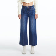 High Rise Wide Leg Jeans with Raw Hem DARK BLUE-Jeans-BAYEAS-24-DARK BLUE-Urbanheer