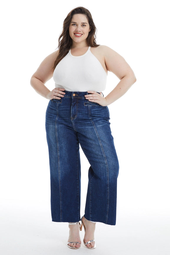 High Rise Wide Leg Jeans with Raw Hem DARK BLUE-Jeans-BAYEAS-14w-DARK BLUE-Urbanheer