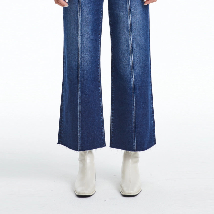 High Rise Wide Leg Jeans with Raw Hem DARK BLUE-Jeans-BAYEAS-24-DARK BLUE-Urbanheer