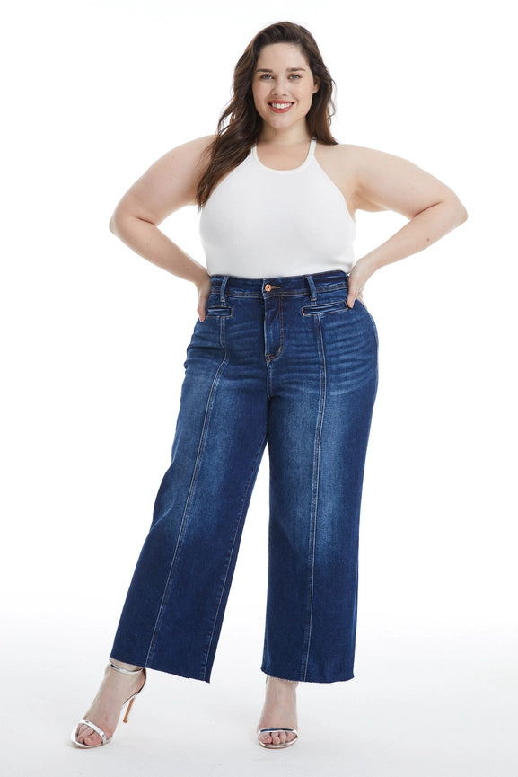 High Rise Wide Leg Jeans with Raw Hem DARK BLUE-Jeans-BAYEAS-14w-DARK BLUE-Urbanheer