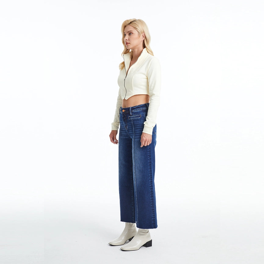 High Rise Wide Leg Jeans with Raw Hem DARK BLUE-Jeans-BAYEAS-14w-DARK BLUE-Urbanheer