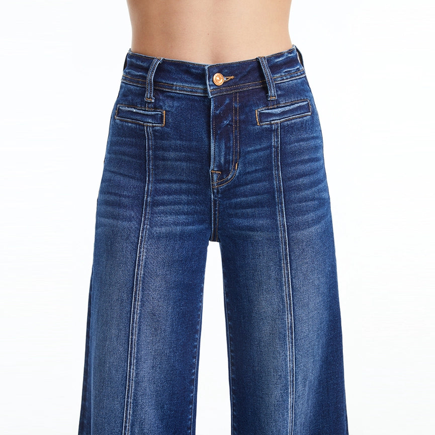 High Rise Wide Leg Jeans with Raw Hem DARK BLUE-Jeans-BAYEAS-24-DARK BLUE-Urbanheer