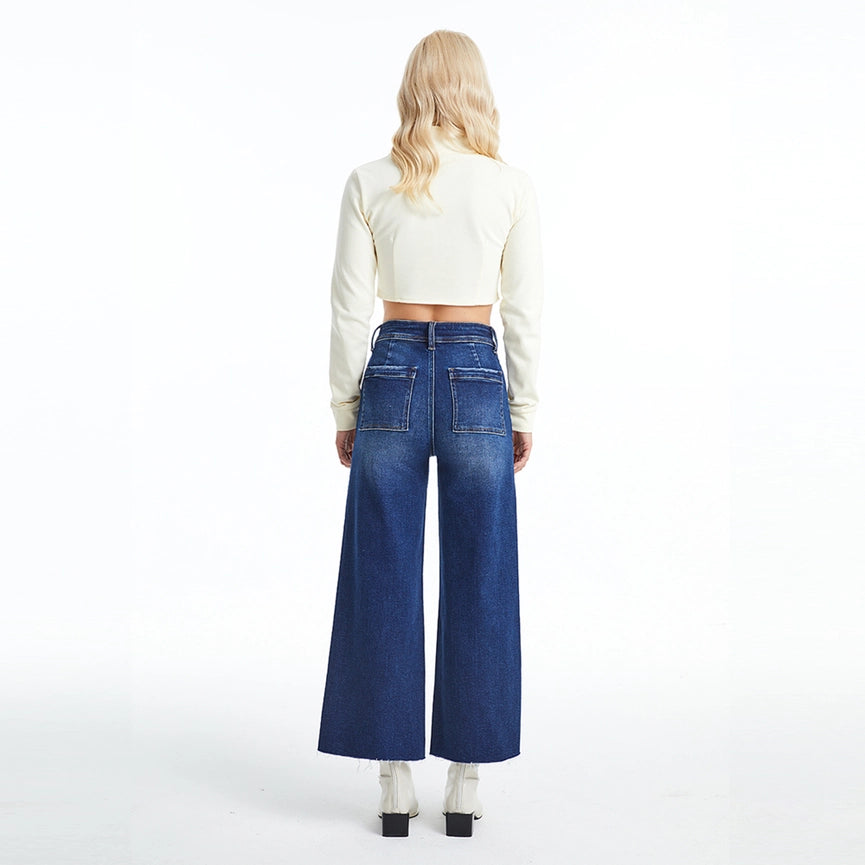 High Rise Wide Leg Jeans with Raw Hem DARK BLUE-Jeans-BAYEAS-14w-DARK BLUE-Urbanheer