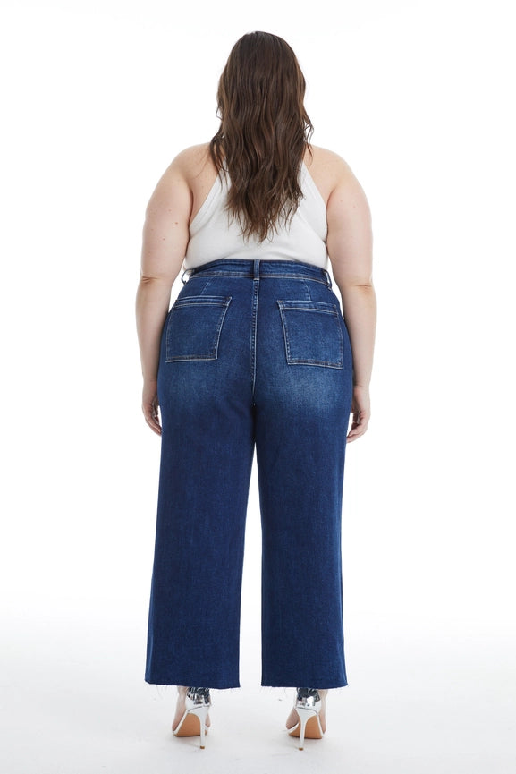 High Rise Wide Leg Jeans with Raw Hem DARK BLUE-Jeans-BAYEAS-14w-DARK BLUE-Urbanheer
