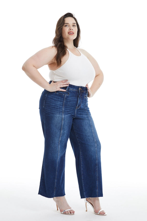 High Rise Wide Leg Jeans with Raw Hem DARK BLUE-Jeans-BAYEAS-14w-DARK BLUE-Urbanheer
