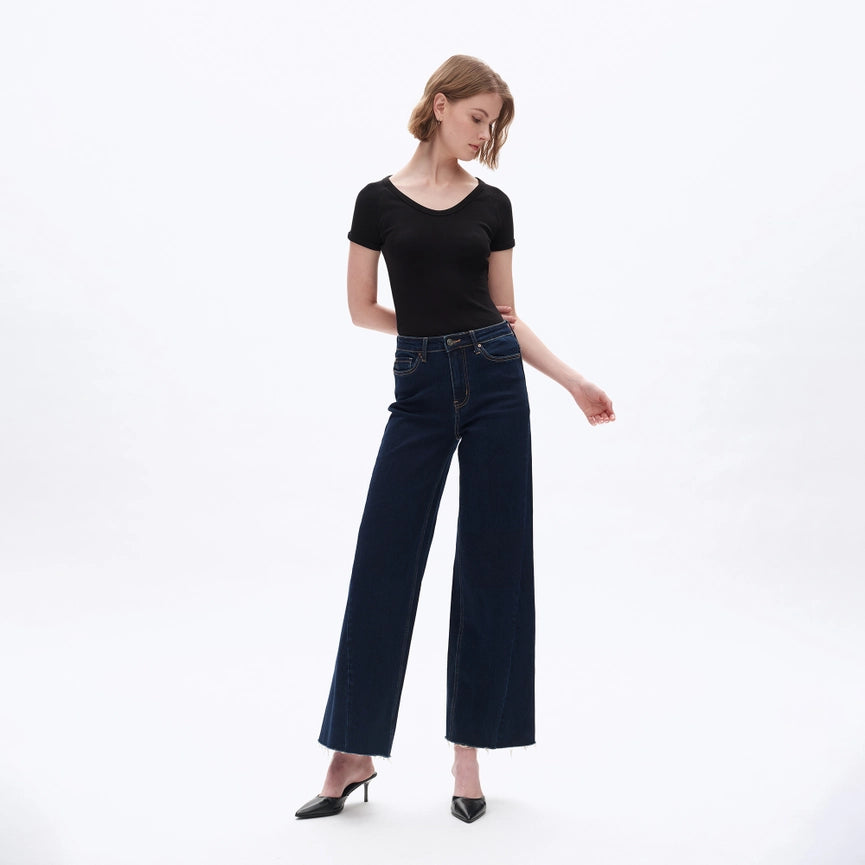 High Rise Wide Leg Jeans with Raw Hem DEEP WATER-Jeans-BAYEAS-24-DEEP WATER-Urbanheer