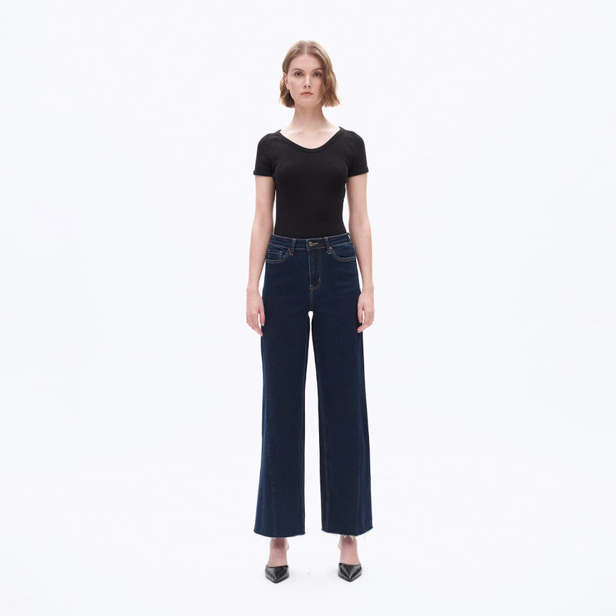 High Rise Wide Leg Jeans with Raw Hem DEEP WATER-Jeans-BAYEAS-24-DEEP WATER-Urbanheer