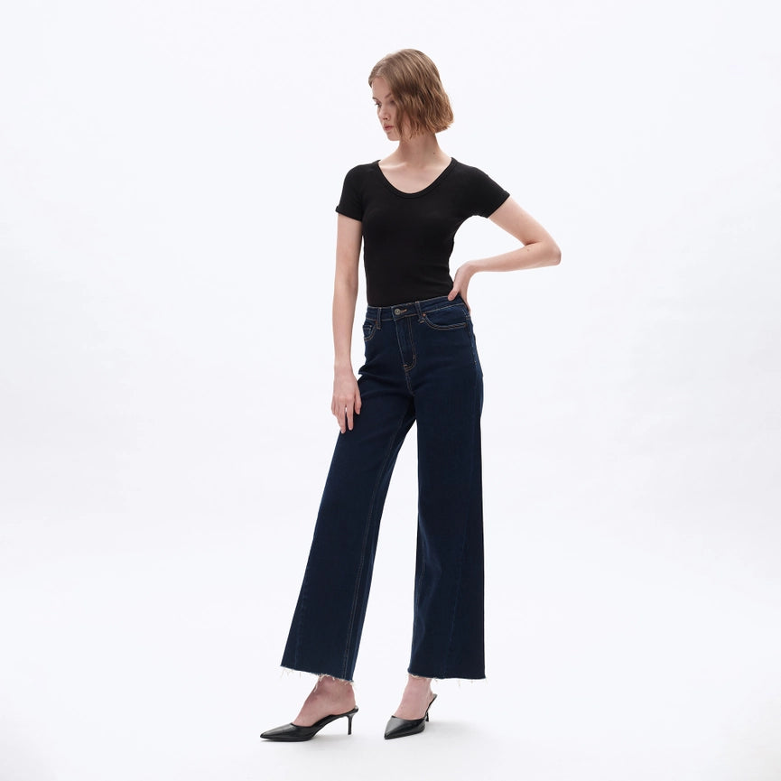High Rise Wide Leg Jeans with Raw Hem DEEP WATER-Jeans-BAYEAS-24-DEEP WATER-Urbanheer