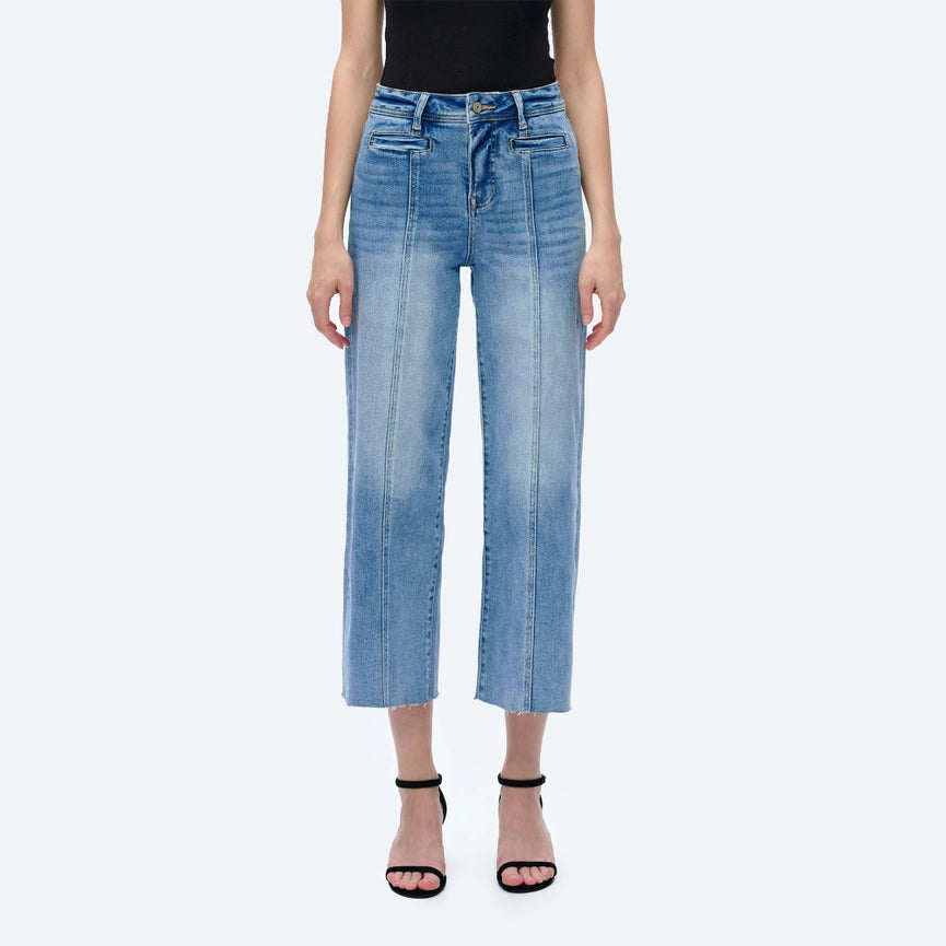 High Rise Wide Leg Jeans with Raw Hem ICE BLUE-Jeans-BAYEAS-24-DARK BLUE-Urbanheer