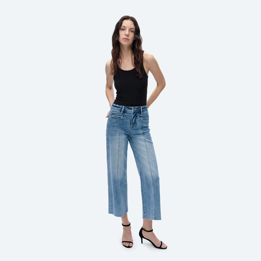 High Rise Wide Leg Jeans with Raw Hem ICE BLUE-Jeans-BAYEAS-24-DARK BLUE-Urbanheer