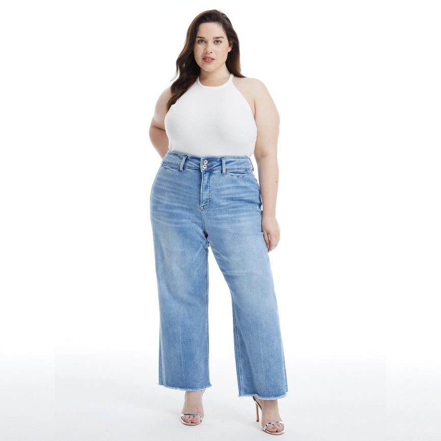 High Rise Wide Leg Jeans with Raw Hem LIGHT BLUE-Jeans-BAYEAS-14w-LIGHT BLUE-Urbanheer