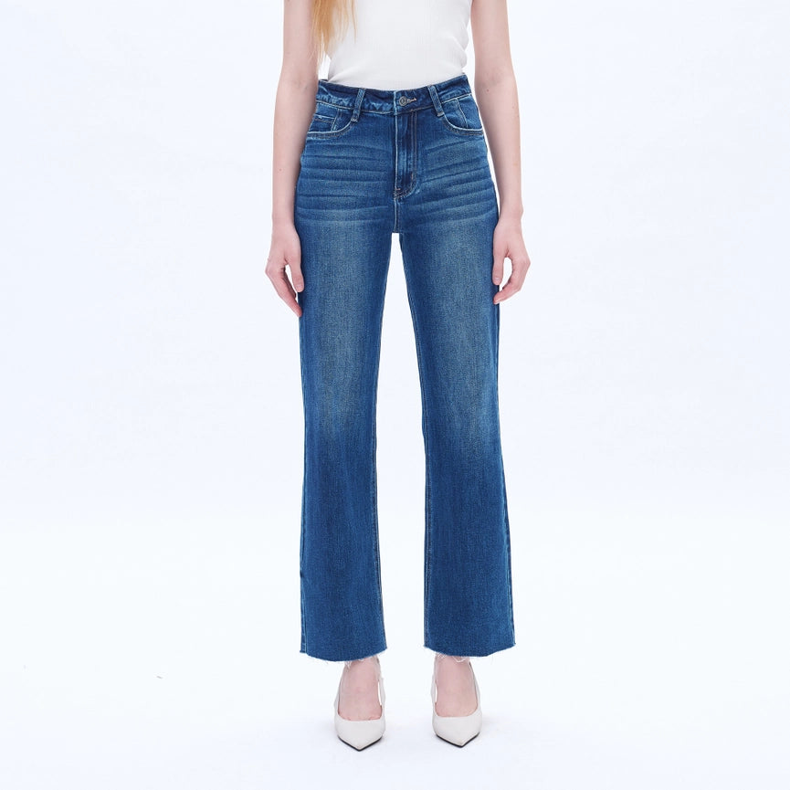 High Rise Wide Leg Jeans with Raw Hem MEDIUM BLUE-Jeans-BAYEAS-24-MEDIUM BLUE-Urbanheer