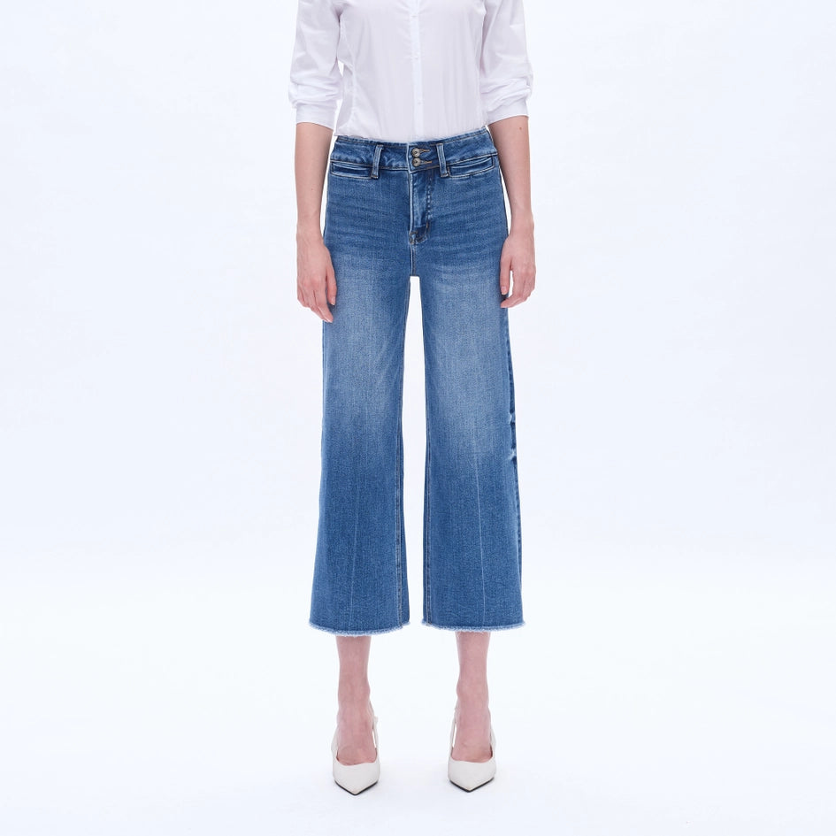 High Rise Wide Leg Jeans with Raw Hem MEDIUM BLUE-Jeans-BAYEAS-27-MEDIUM BLUE-Urbanheer