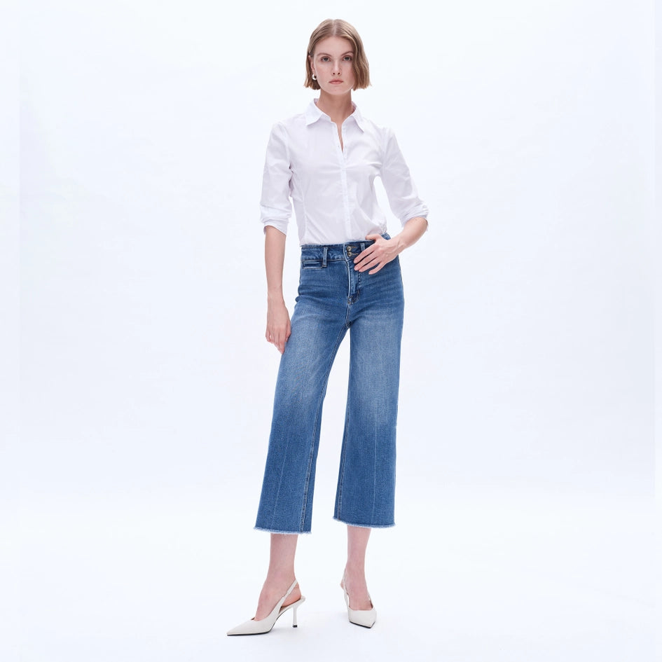 High Rise Wide Leg Jeans with Raw Hem MEDIUM BLUE-Jeans-BAYEAS-27-MEDIUM BLUE-Urbanheer