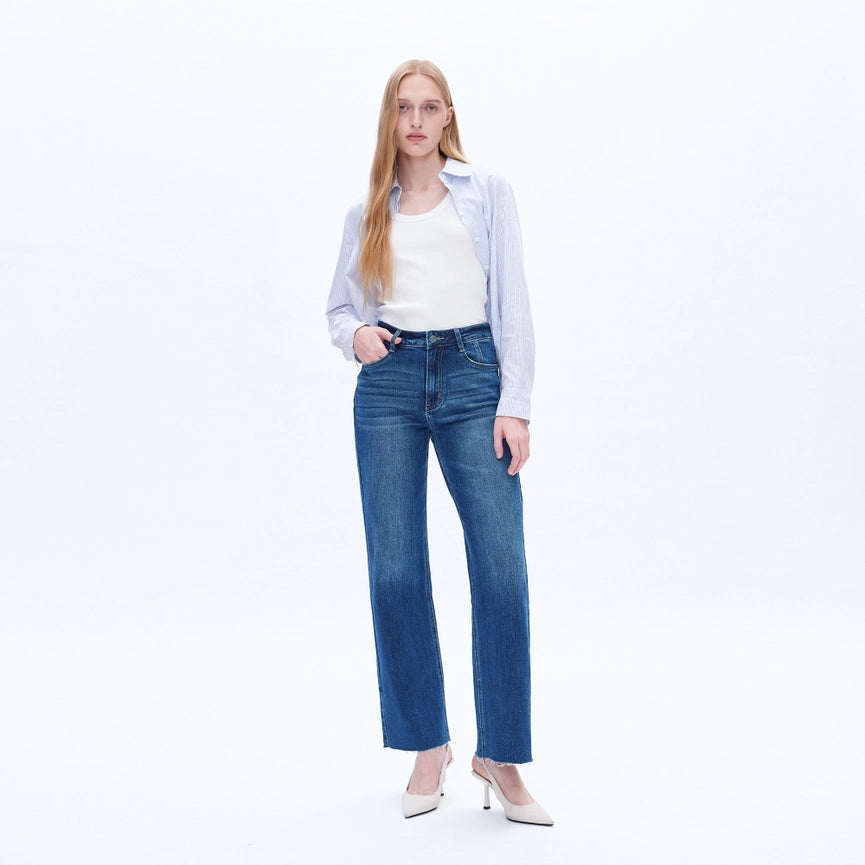 High Rise Wide Leg Jeans with Raw Hem MEDIUM BLUE-Jeans-BAYEAS-24-MEDIUM BLUE-Urbanheer