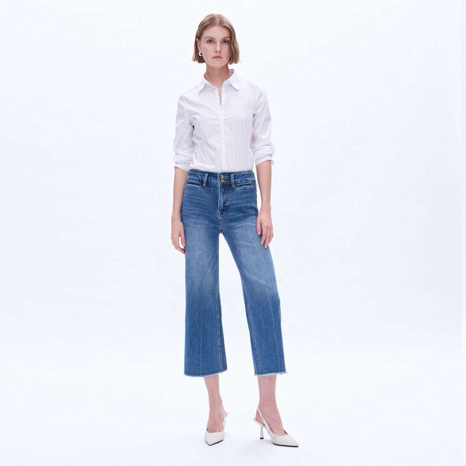 High Rise Wide Leg Jeans with Raw Hem MEDIUM BLUE-Jeans-BAYEAS-27-MEDIUM BLUE-Urbanheer