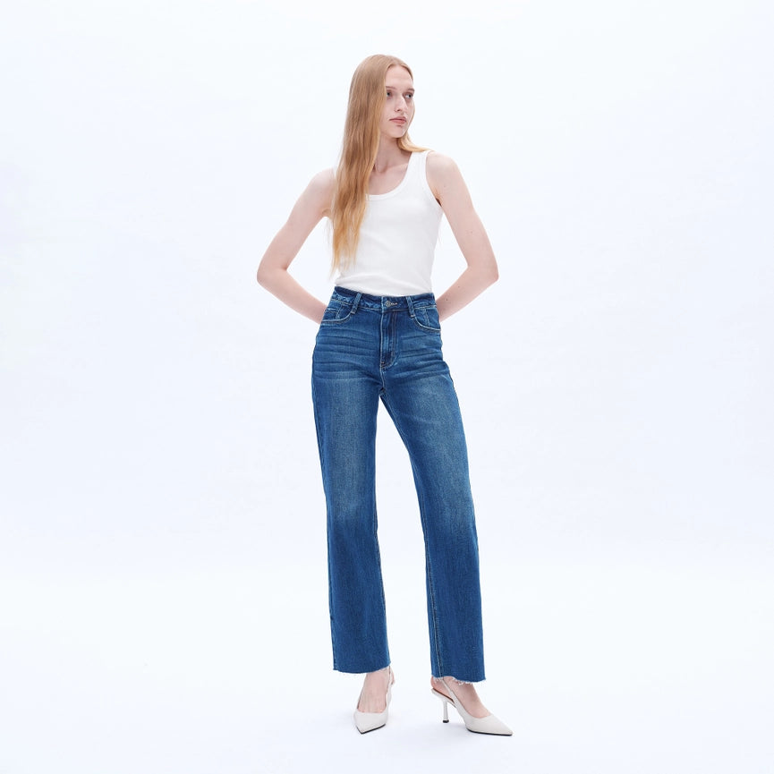 High Rise Wide Leg Jeans with Raw Hem MEDIUM BLUE-Jeans-BAYEAS-24-MEDIUM BLUE-Urbanheer